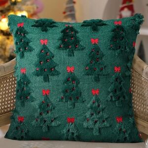 Holiday Green Christmas Tree Pillow with Red Accents